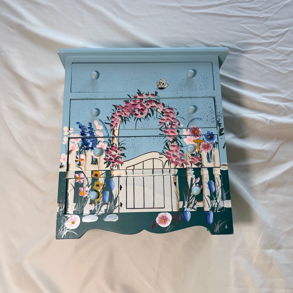 Hand Painted Wooden Jewelry Chest 4 Drawer Floral Garden Picket Fence Blue Box
